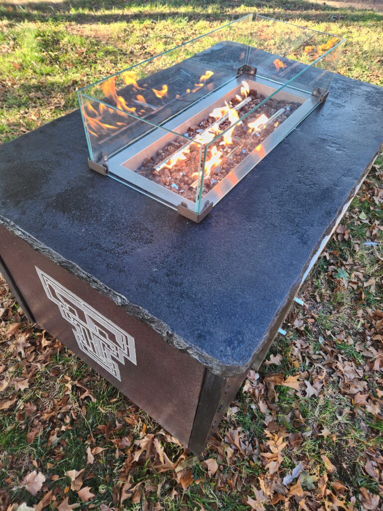 Fire Pit Table with Custom Texas Tech Red Raider Art Designs.